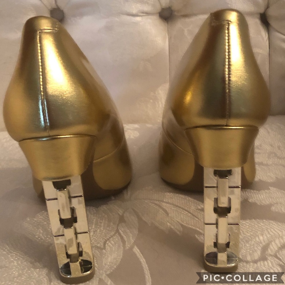 KATY PERRY •GOLD LEATHER CHAIN LINK HEEL - Picture 4 of 7